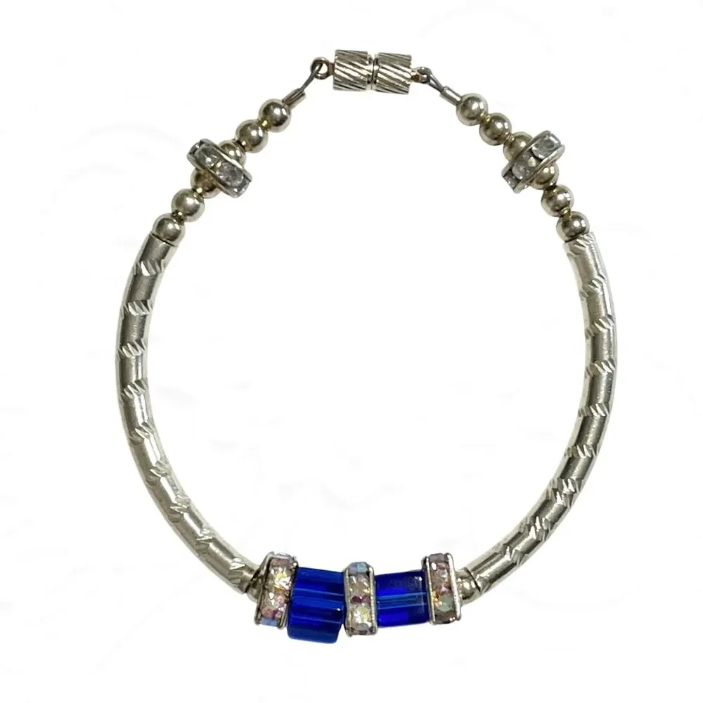 Vintage Bracelet Silver Tone Curved Metal Tube Bead Blue Square Aurora Borealis